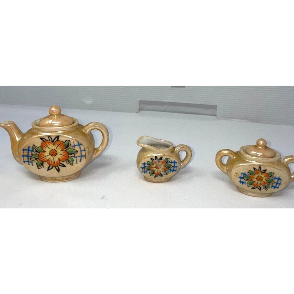 Rare Vintage Hand Painted Japanese Miniature Teapot Creamer Sugar Dish